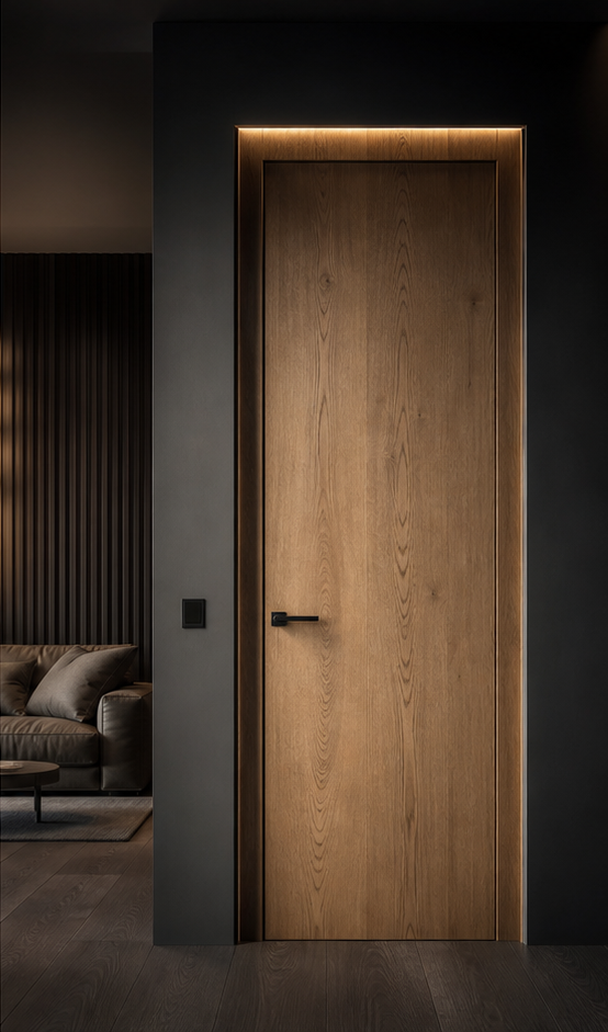 Framed oak door, soft light